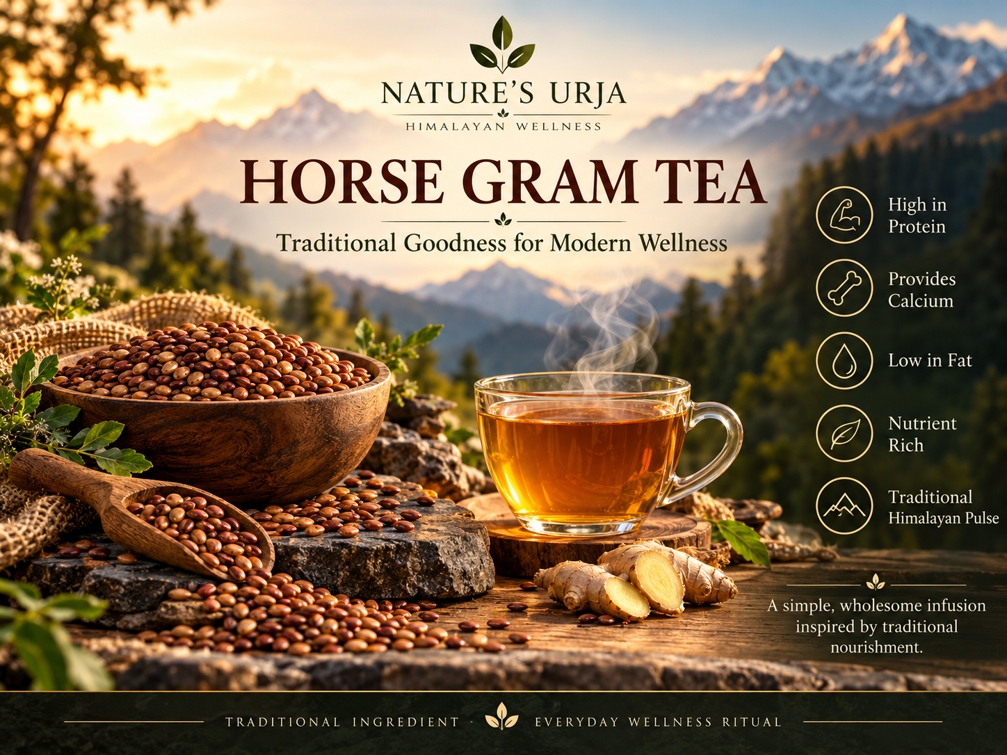 Nature’s Urja Horse Gram Tea with horse gram, ginger and wellness highlights