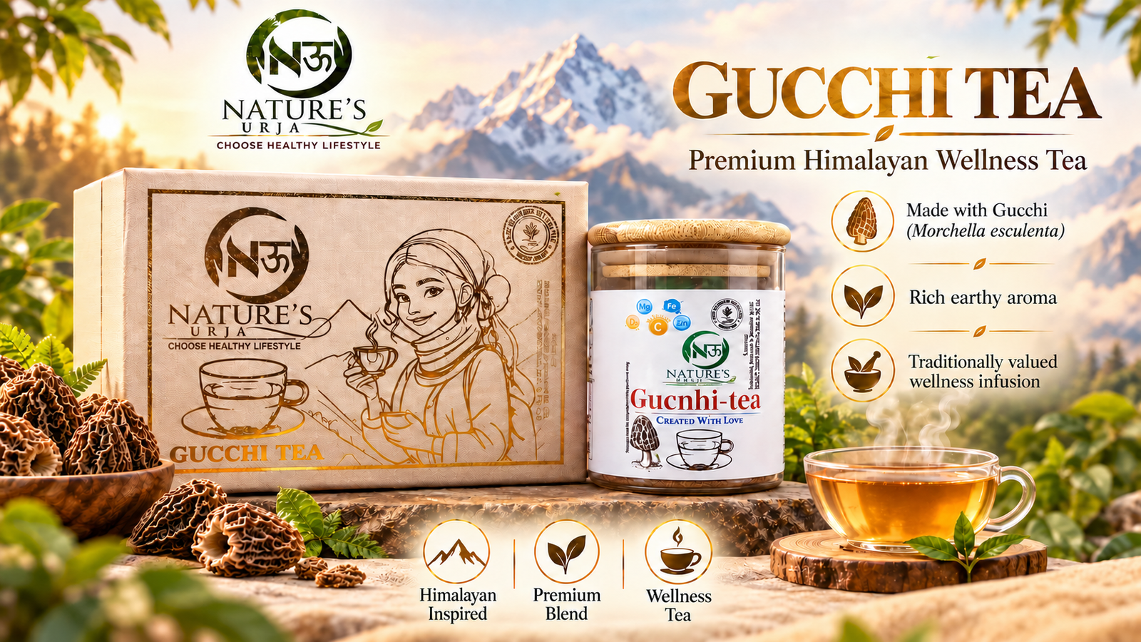 Nature’s Urja Gucchi Tea — Himalayan promotional packaging composition