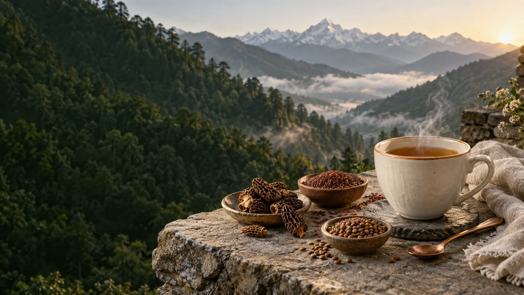 Illustrative Himalayan tea ritual with morel, red rice and horse gram