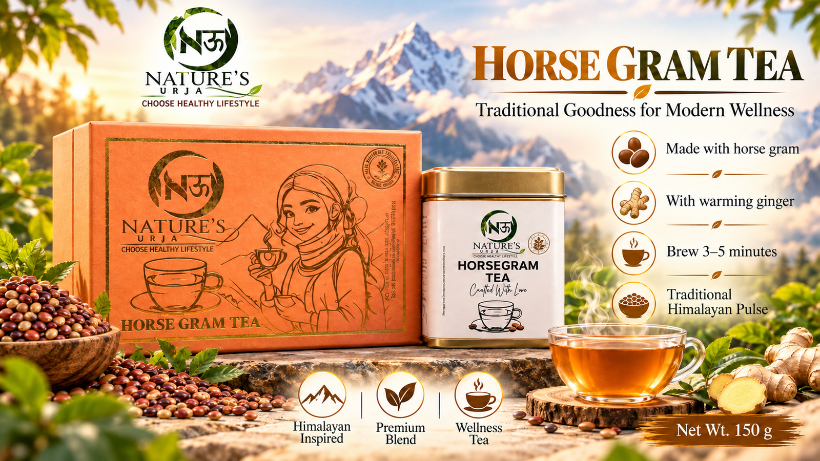Nature’s Urja Horse Gram Tea — Himalayan promotional packaging composition