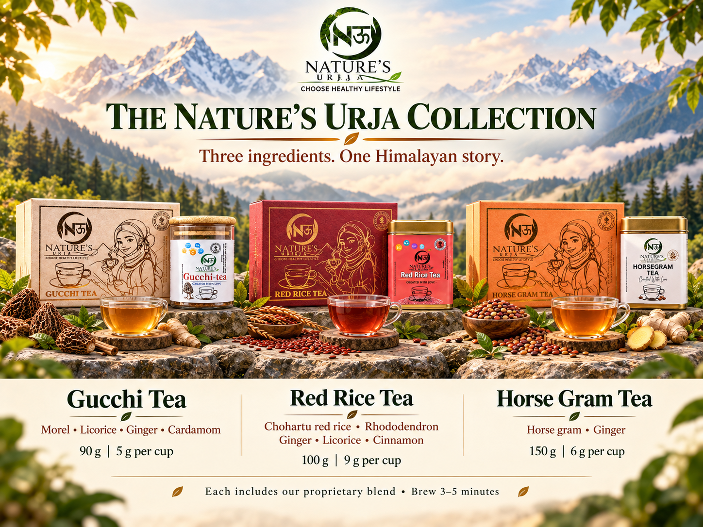 Nature’s Urja collection: Gucchi Tea 90 g, Red Rice Tea 100 g and Horse Gram Tea 150 g, with ingredients and serving guidance