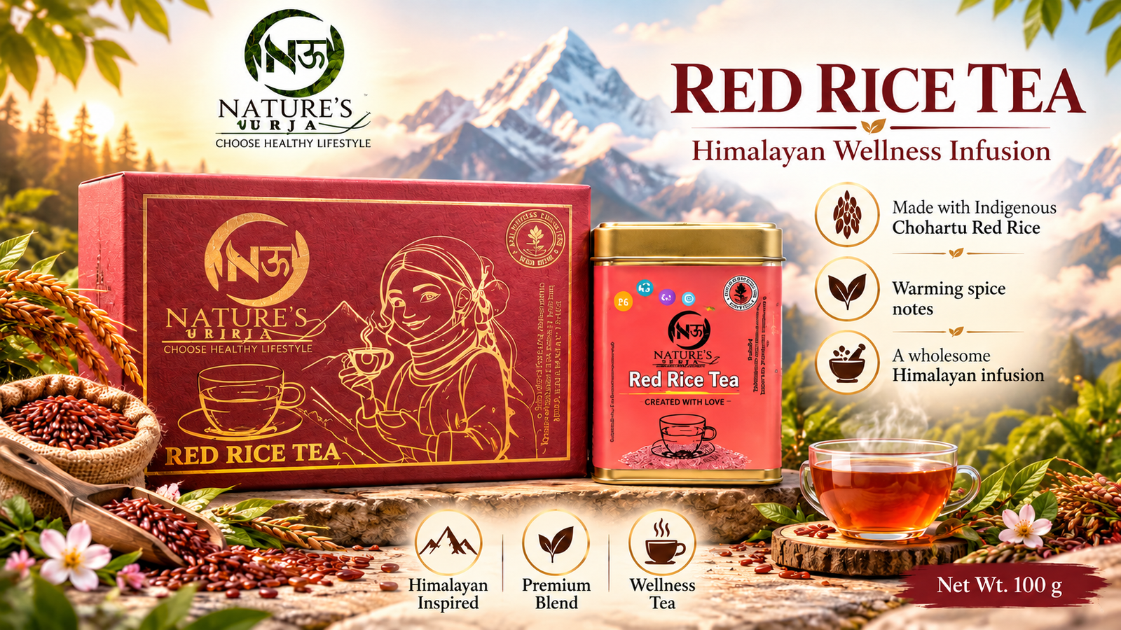 Nature’s Urja Red Rice Tea — Himalayan promotional packaging composition